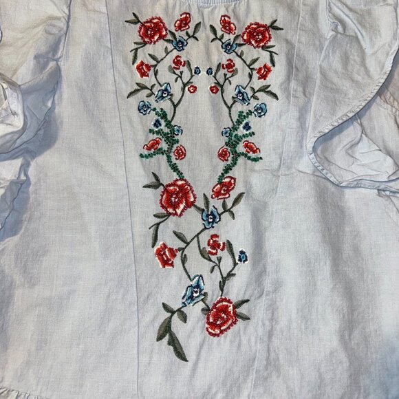 ZARA Embroidered Floral Ruffle Blouse - Light Blue Cotton - XS - Picture 2 of 10